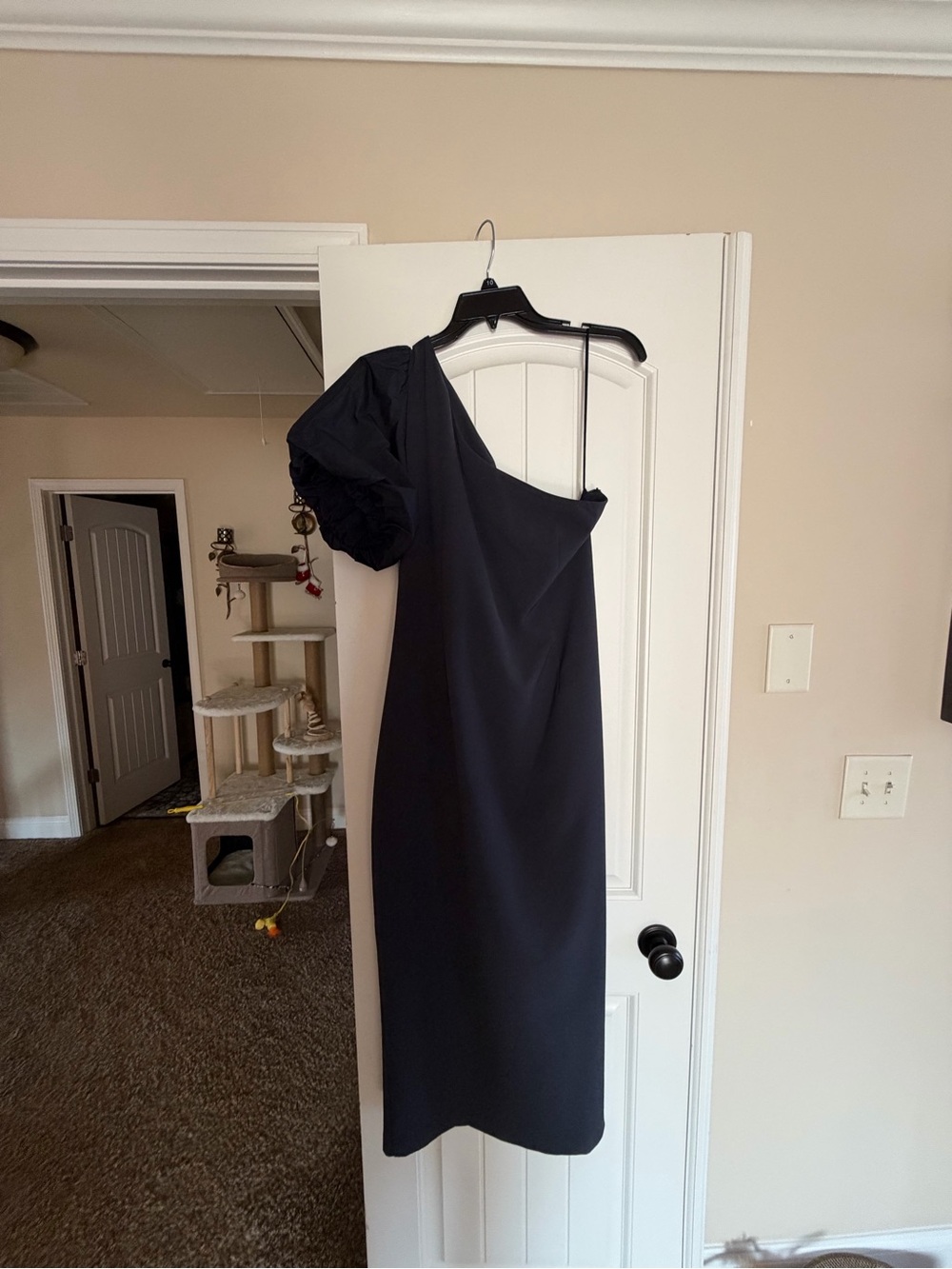 Polo by Ralph Lauren Black One-Shoulder Midi Dress with Puff Sleeve